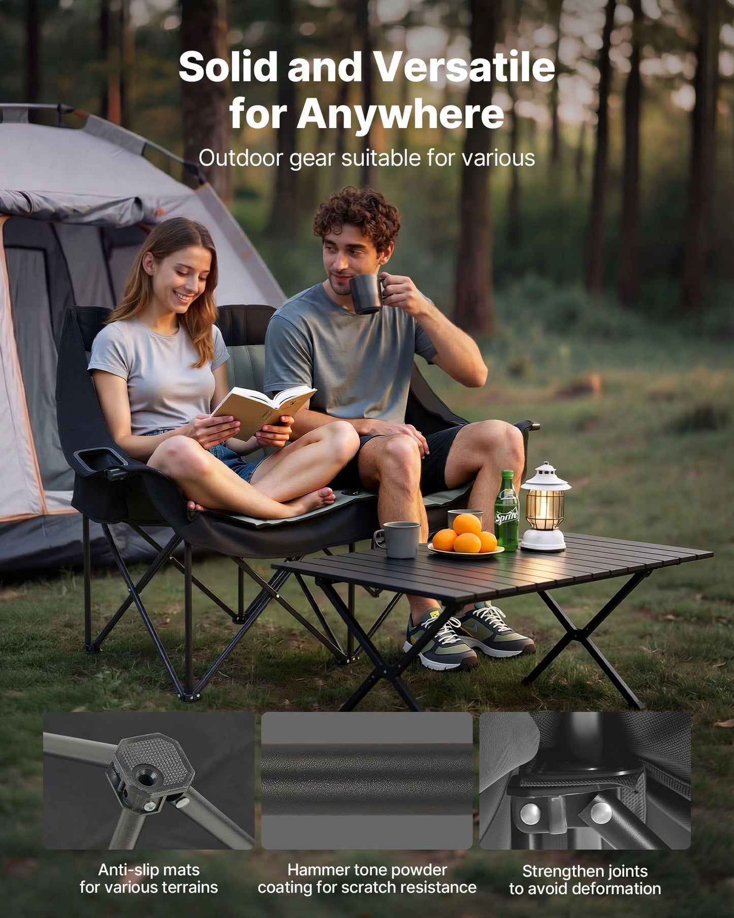 Double Camping Chair, Oversized Two Person Camp Chair with 300 kg Heavy Duty Support, with Dual Cup Holders, Wine Glass Holders, Magazine Straps, Carry Bags for Outdoor, Beach, 1 Pack
