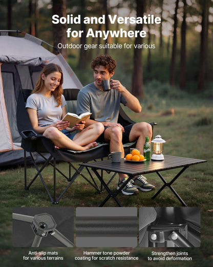 Double Camping Chair, Oversized Two Person Camp Chair with 300 kg Heavy Duty Support, with Dual Cup Holders, Wine Glass Holders, Magazine Straps, Carry Bags for Outdoor, Beach, 1 Pack