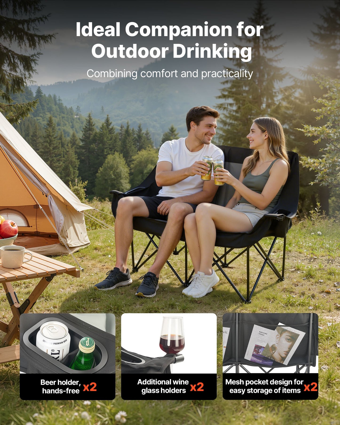 Double Camping Chair, Oversized Two Person Camp Chair with 300 kg Heavy Duty Support, with Dual Cup Holders, Wine Glass Holders, Magazine Straps, Carry Bags for Outdoor, Beach, 1 Pack