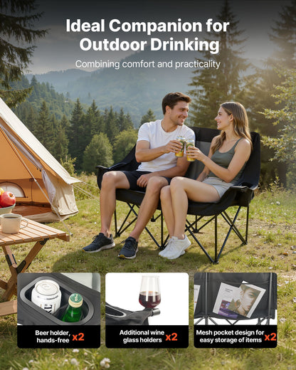 Double Camping Chair, Oversized Two Person Camp Chair with 300 kg Heavy Duty Support, with Dual Cup Holders, Wine Glass Holders, Magazine Straps, Carry Bags for Outdoor, Beach, 1 Pack