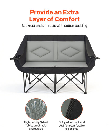 Double Camping Chair, Oversized Two Person Camp Chair with 300 kg Heavy Duty Support, with Dual Cup Holders, Wine Glass Holders, Magazine Straps, Carry Bags for Outdoor, Beach, 1 Pack