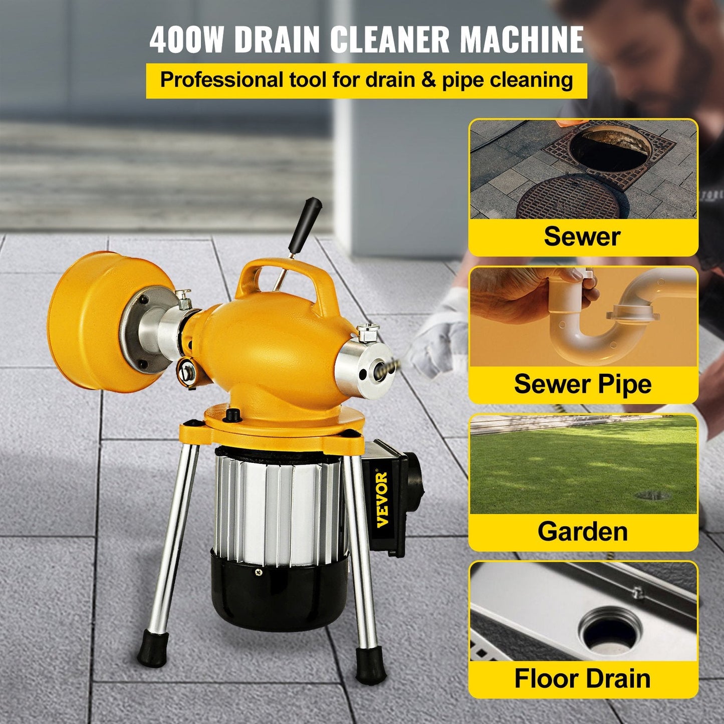 Heavy-Duty Pipe Drain Cleaner with 20m Cable & Copper Motor, 400 RPM