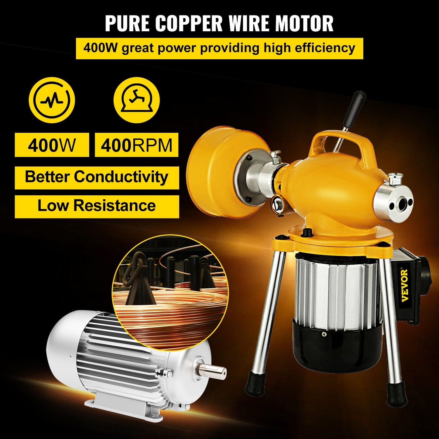 Heavy-Duty Pipe Drain Cleaner with 20m Cable & Copper Motor, 400 RPM