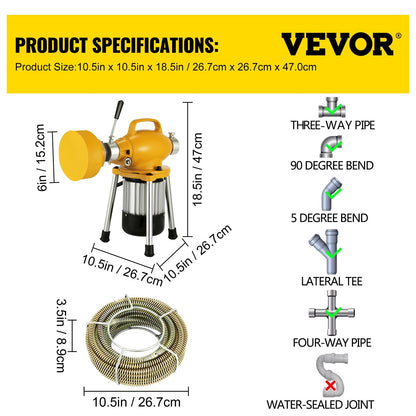 Heavy-Duty Pipe Drain Cleaner with 20m Cable & Copper Motor, 400 RPM
