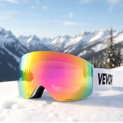 Frameless Ski Goggles, Spherical Lens with Pink Revo Coating, OTG Anti fog Snow Goggles for Men Women Youth, TPU Frame & Ventilation Structure, Suitable for Skiing, Skating, Snowboarding