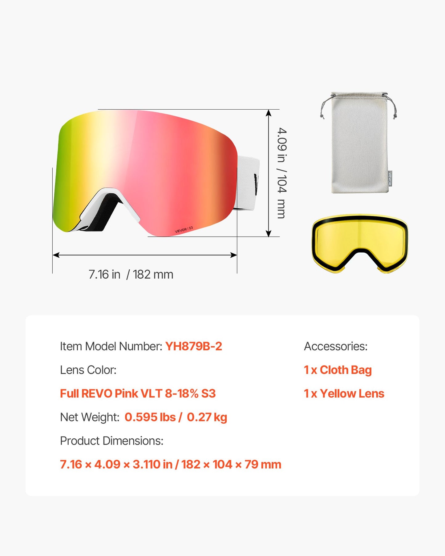 Frameless Ski Goggles, Magnet Cylindrical Lens with Pink Revo Coating, OTG Anti fog Snow Goggles for Men Women Youth, TPU Frame & Ventilation Structure, Fit for Skiing, Skating, Snowboarding