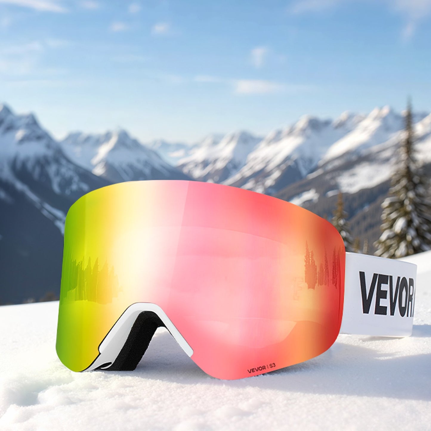 Frameless Ski Goggles, Magnet Cylindrical Lens with Pink Revo Coating, OTG Anti fog Snow Goggles for Men Women Youth, TPU Frame & Ventilation Structure, Fit for Skiing, Skating, Snowboarding