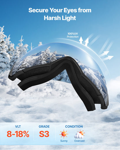 Frameless Ski Goggles, Spherical Lens with Blue Revo Coating, OTG Anti fog Snow Goggles for Men Women Youth, TPU Frame & Ventilation Structure, Suitable for Skiing, Skating, Snowboarding