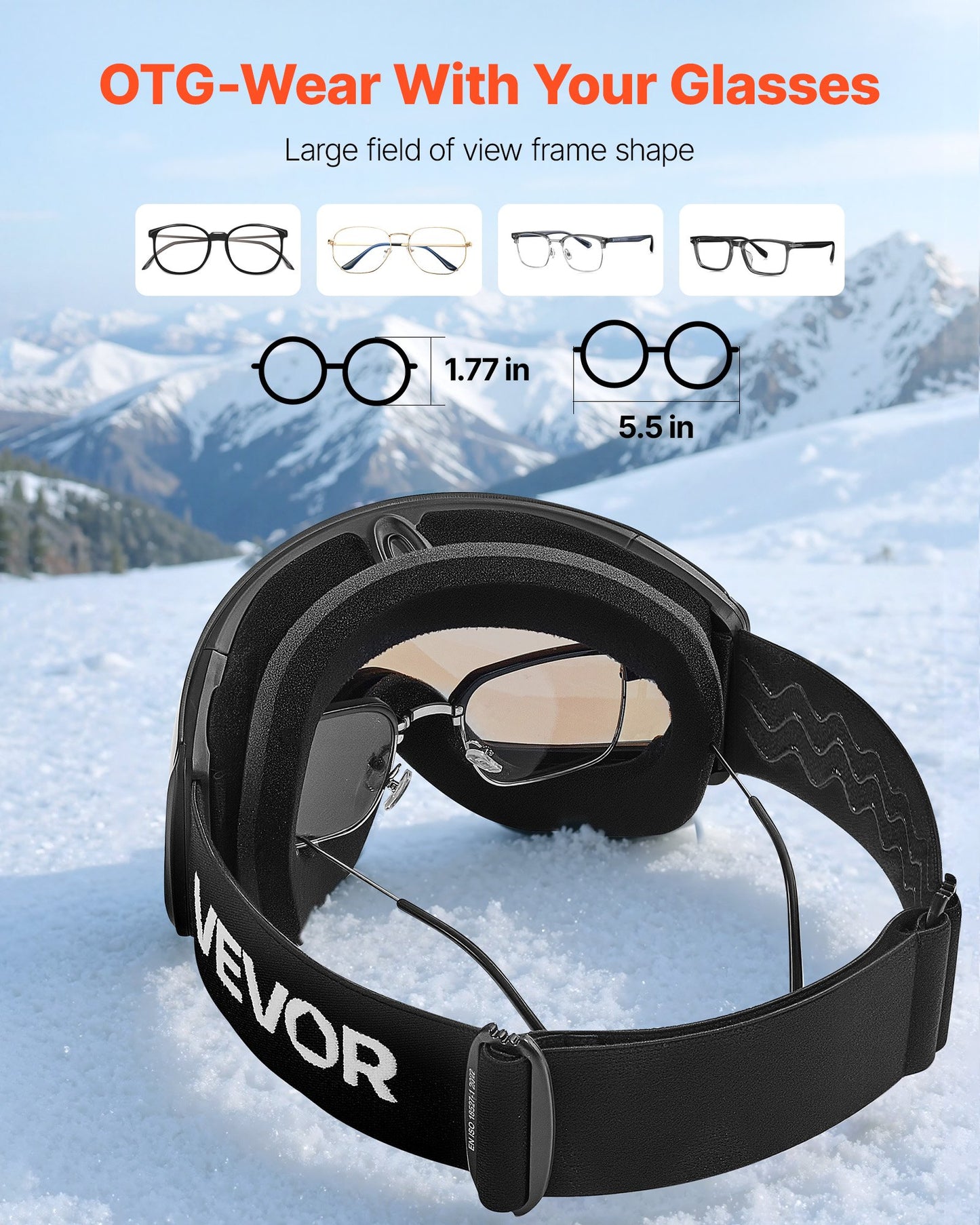 Frameless Ski Goggles, Spherical Lens with Blue Revo Coating, OTG Anti fog Snow Goggles for Men Women Youth, TPU Frame & Ventilation Structure, Suitable for Skiing, Skating, Snowboarding