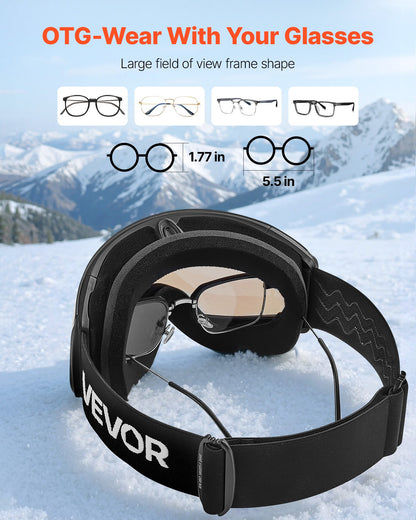 Frameless Ski Goggles, Spherical Lens with Blue Revo Coating, OTG Anti fog Snow Goggles for Men Women Youth, TPU Frame & Ventilation Structure, Suitable for Skiing, Skating, Snowboarding