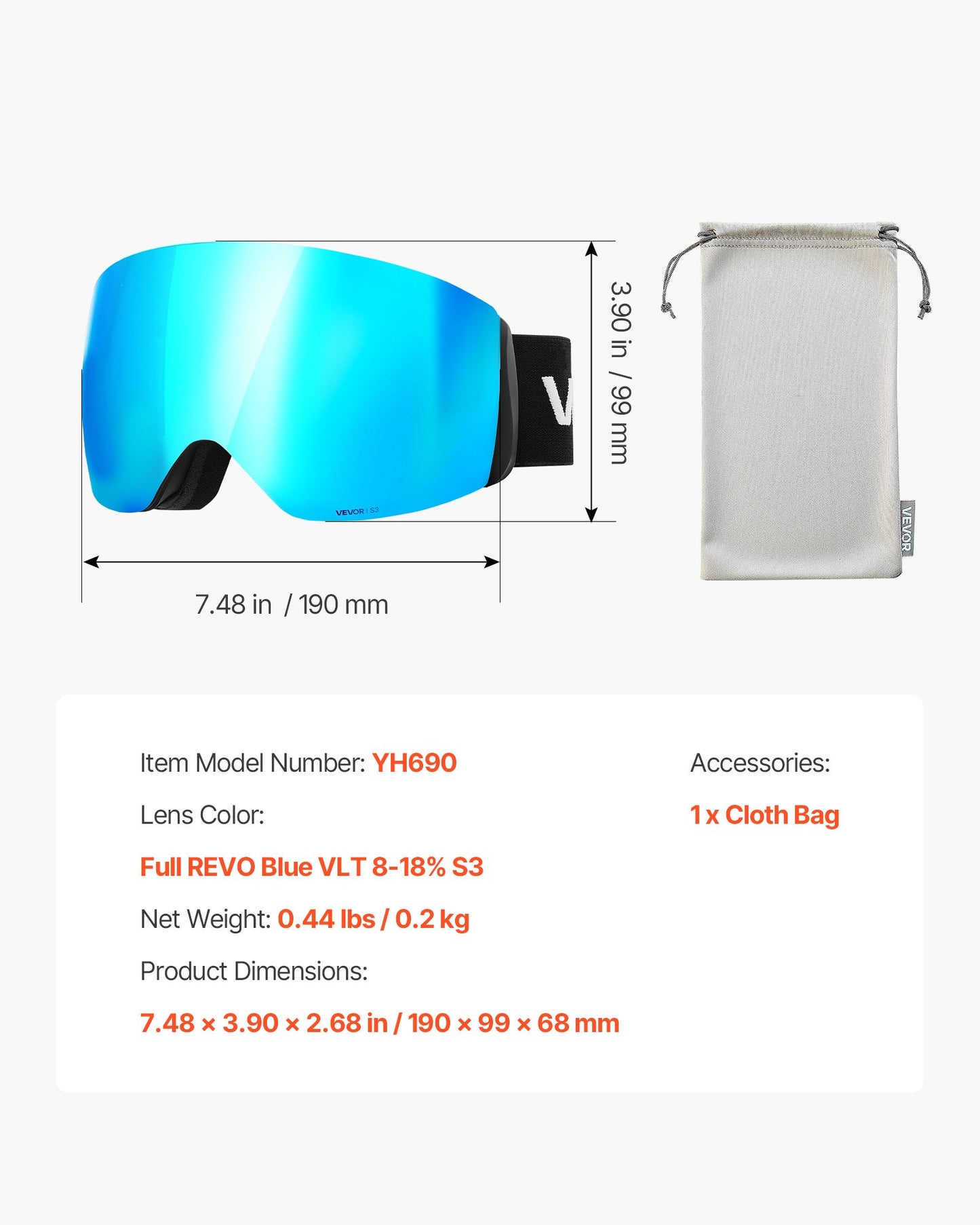 Frameless Ski Goggles, Spherical Lens with Blue Revo Coating, OTG Anti fog Snow Goggles for Men Women Youth, TPU Frame & Ventilation Structure, Suitable for Skiing, Skating, Snowboarding