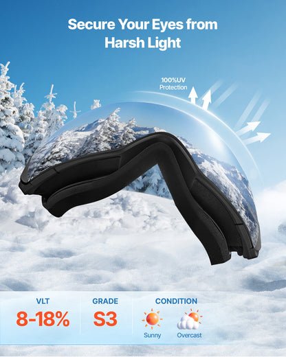 Frameless Ski Goggles, Spherical Lens with Silver Mirror Revo Coating, OTG Anti fog Snow Goggles for Men Women, TPU Frame & Ventilation Structure, Suitable for Skiing, Skating, Snowboarding