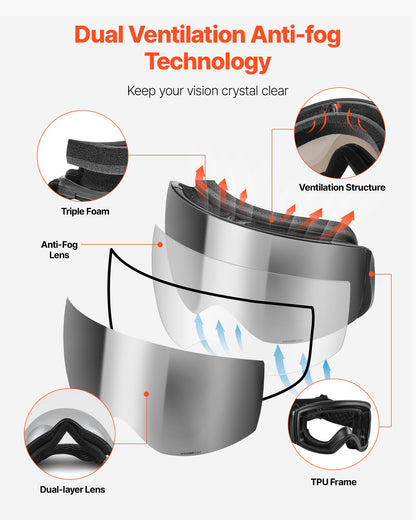 Frameless Ski Goggles, Spherical Lens with Silver Mirror Revo Coating, OTG Anti fog Snow Goggles for Men Women, TPU Frame & Ventilation Structure, Suitable for Skiing, Skating, Snowboarding