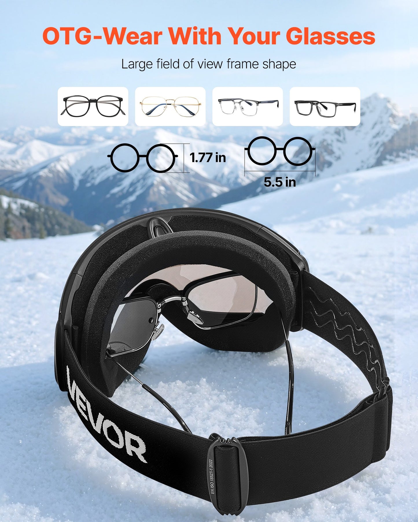 Frameless Ski Goggles, Spherical Lens with Silver Mirror Revo Coating, OTG Anti fog Snow Goggles for Men Women, TPU Frame & Ventilation Structure, Suitable for Skiing, Skating, Snowboarding