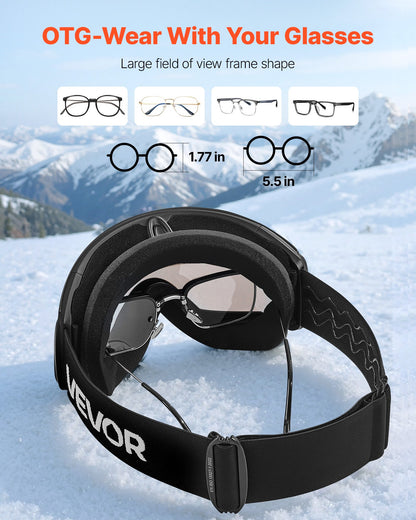 Frameless Ski Goggles, Spherical Lens with Silver Mirror Revo Coating, OTG Anti fog Snow Goggles for Men Women, TPU Frame & Ventilation Structure, Suitable for Skiing, Skating, Snowboarding