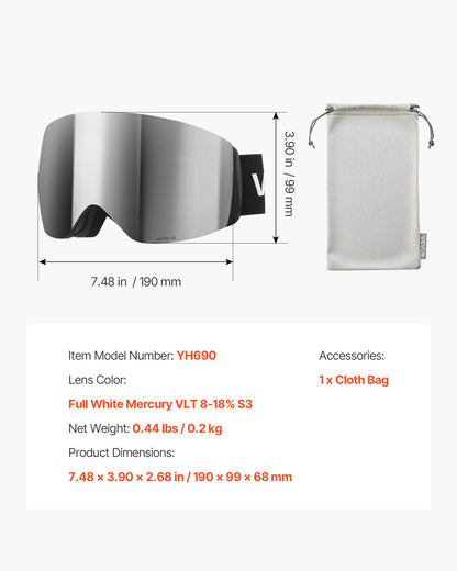 Frameless Ski Goggles, Spherical Lens with Silver Mirror Revo Coating, OTG Anti fog Snow Goggles for Men Women, TPU Frame & Ventilation Structure, Suitable for Skiing, Skating, Snowboarding