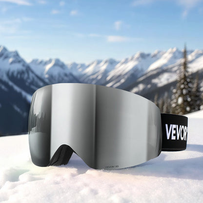Frameless Ski Goggles, Spherical Lens with Silver Mirror Revo Coating, OTG Anti fog Snow Goggles for Men Women, TPU Frame & Ventilation Structure, Suitable for Skiing, Skating, Snowboarding