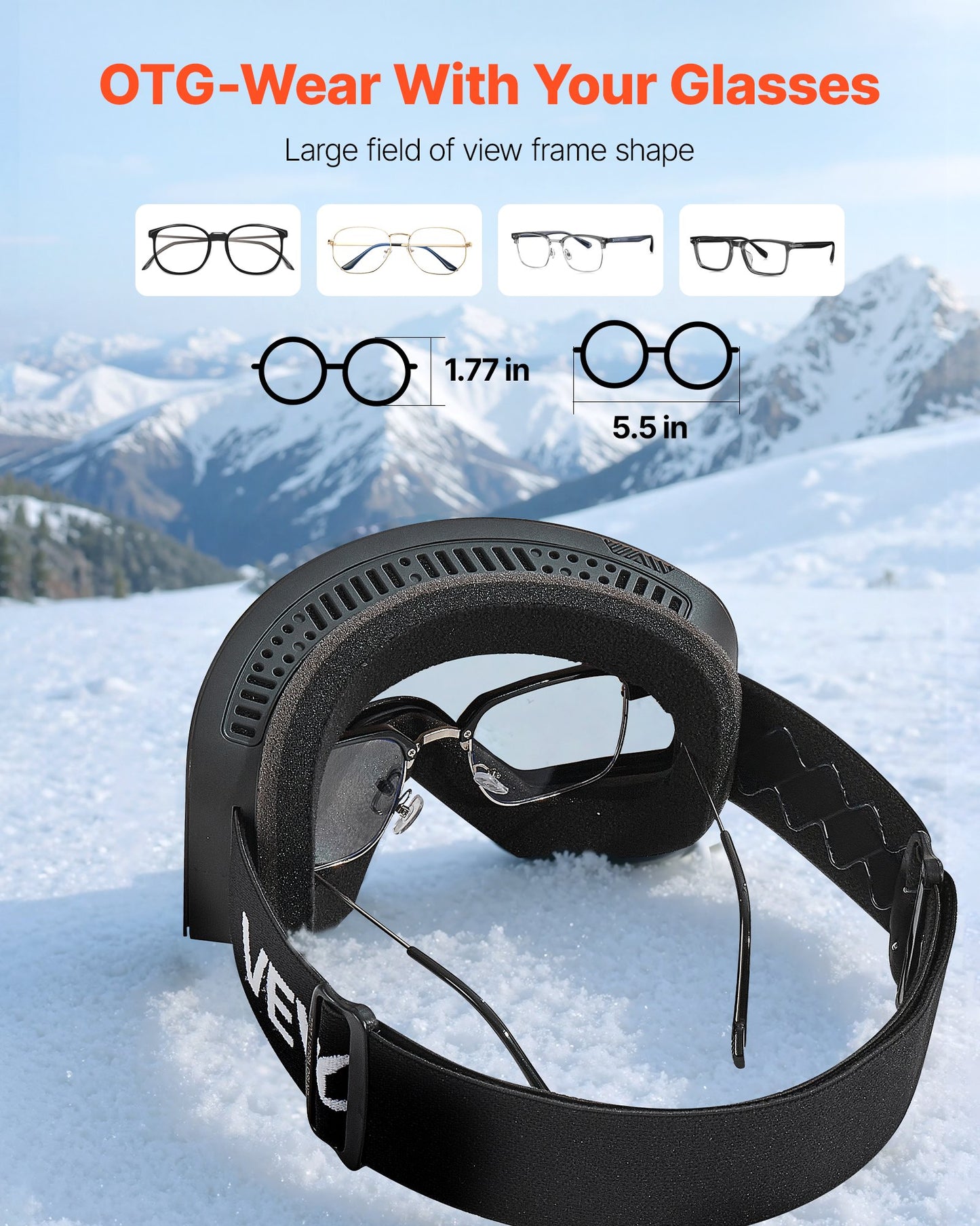 Frameless Ski Goggles, Magnet Cylindrical Lens with Silver Mirror Revo Coating, OTG Anti fog Snow Goggles for Men Women, TPU Frame & Ventilation Structure, Fit for Skiing, Skating, Snowboarding