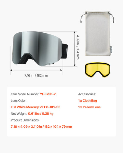 Frameless Ski Goggles, Magnet Cylindrical Lens with Silver Mirror Revo Coating, OTG Anti fog Snow Goggles for Men Women, TPU Frame & Ventilation Structure, Fit for Skiing, Skating, Snowboarding