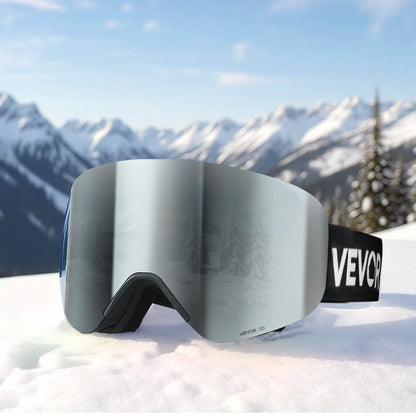 Frameless Ski Goggles, Magnet Cylindrical Lens with Silver Mirror Revo Coating, OTG Anti fog Snow Goggles for Men Women, TPU Frame & Ventilation Structure, Fit for Skiing, Skating, Snowboarding