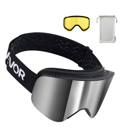Frameless Ski Goggles, Magnet Cylindrical Lens with Silver Mirror Revo Coating, OTG Anti fog Snow Goggles for Men Women, TPU Frame & Ventilation Structure, Fit for Skiing, Skating, Snowboarding
