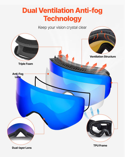 Frameless Ski Goggles, Magnet Cylindrical Lens with Dark Blue Revo Coating, OTG Anti fog Snow Goggles for Men Women, TPU Frame & Ventilation Structure, Fit for Skiing, Skating, Snowboarding