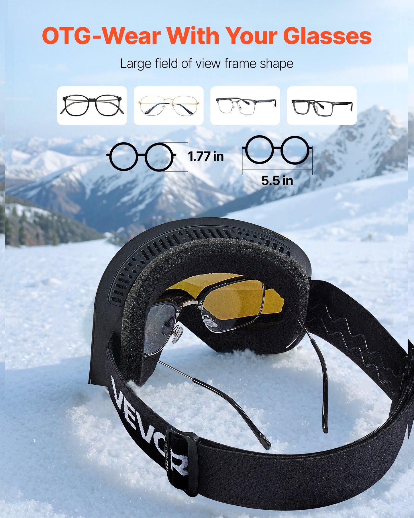 Frameless Ski Goggles, Magnet Cylindrical Lens with Dark Blue Revo Coating, OTG Anti fog Snow Goggles for Men Women, TPU Frame & Ventilation Structure, Fit for Skiing, Skating, Snowboarding