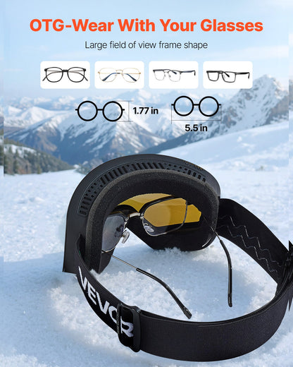 Frameless Ski Goggles, Magnet Cylindrical Lens with Dark Blue Revo Coating, OTG Anti fog Snow Goggles for Men Women, TPU Frame & Ventilation Structure, Fit for Skiing, Skating, Snowboarding