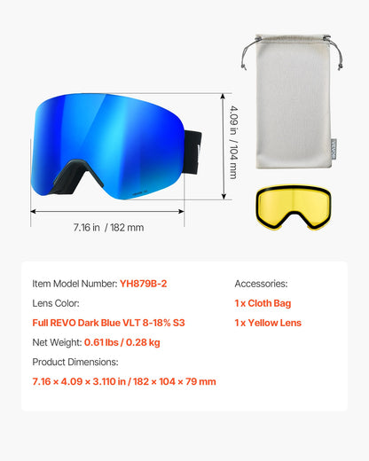 Frameless Ski Goggles, Magnet Cylindrical Lens with Dark Blue Revo Coating, OTG Anti fog Snow Goggles for Men Women, TPU Frame & Ventilation Structure, Fit for Skiing, Skating, Snowboarding