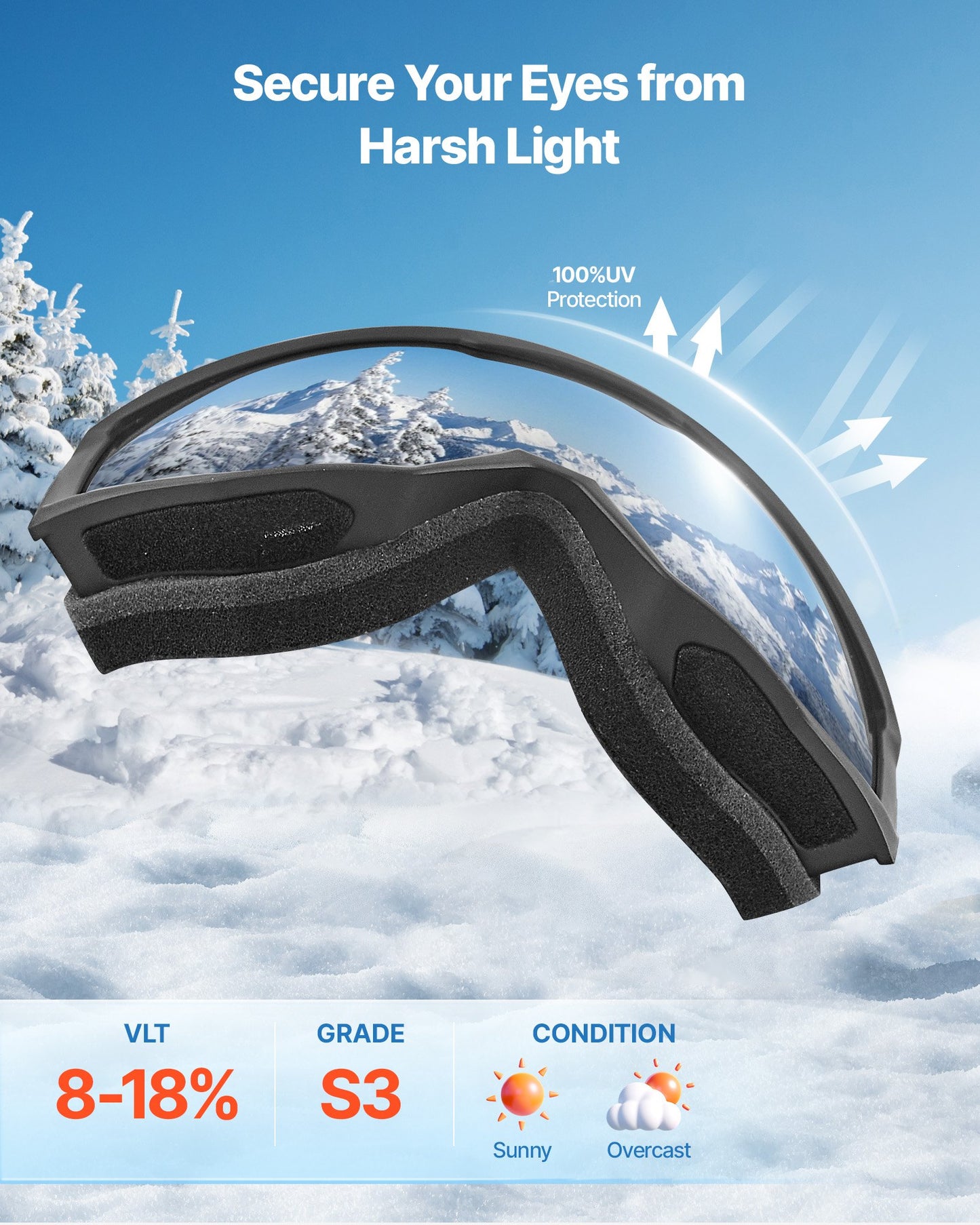 Ski Goggles, Cylindrical Lens with Silver Mirror Revo Coating, OTG Anti fog Snow Goggles for Men Women Youth, TPU Frame & Ventilation Structure, Suitable for Skiing, Skating, Snowboarding, Cycling