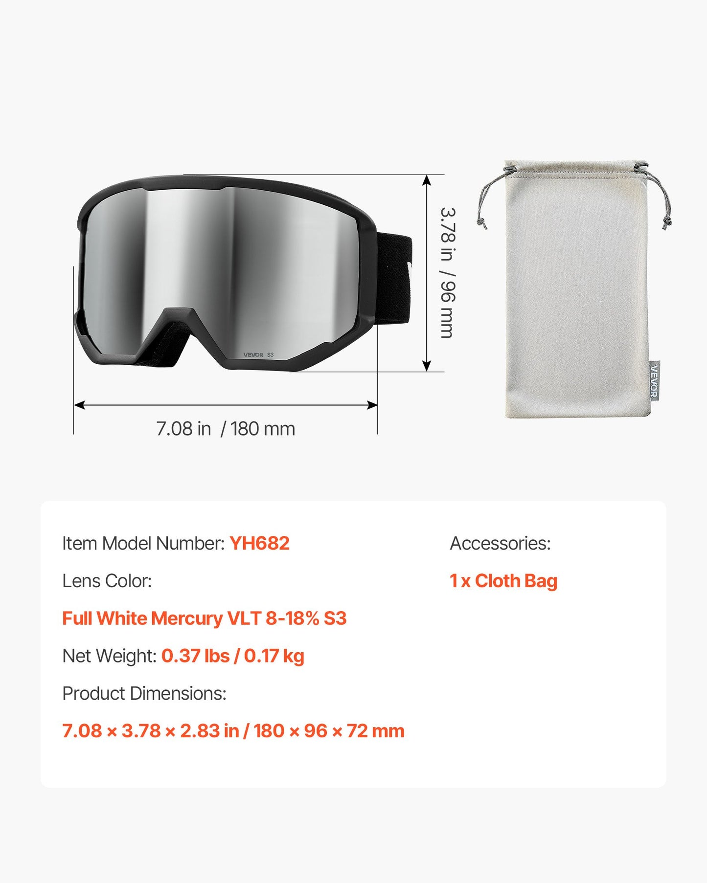 Ski Goggles, Cylindrical Lens with Silver Mirror Revo Coating, OTG Anti fog Snow Goggles for Men Women Youth, TPU Frame & Ventilation Structure, Suitable for Skiing, Skating, Snowboarding, Cycling