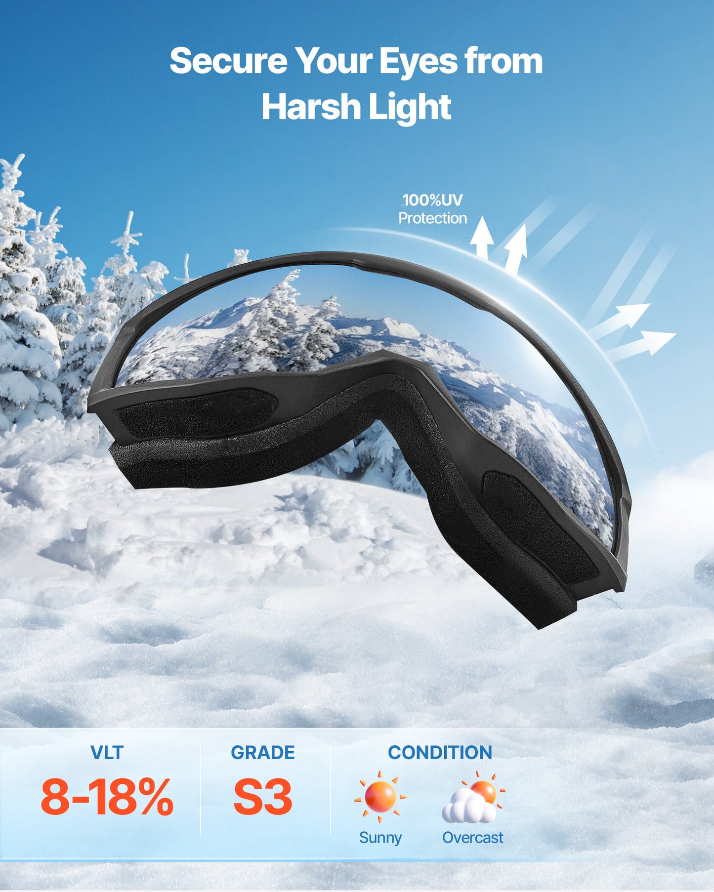 Ski Goggles, Cylindrical Lens with Ice Blue Revo Coating, OTG Anti fog Snow Goggles for Men Women Youth, TPU Frame & Ventilation Structure, Suitable for Skiing, Skating, Snowboarding, Cycling
