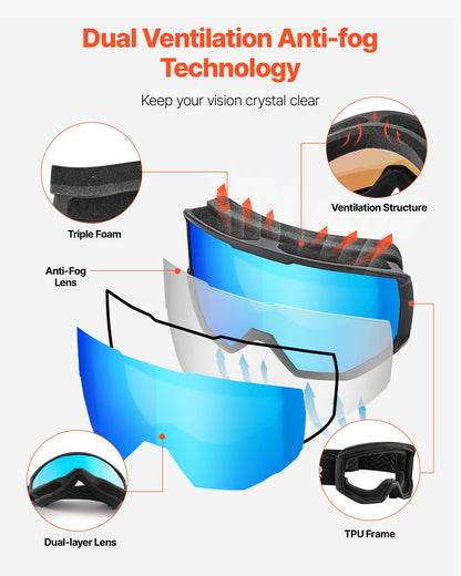 Ski Goggles, Cylindrical Lens with Ice Blue Revo Coating, OTG Anti fog Snow Goggles for Men Women Youth, TPU Frame & Ventilation Structure, Suitable for Skiing, Skating, Snowboarding, Cycling