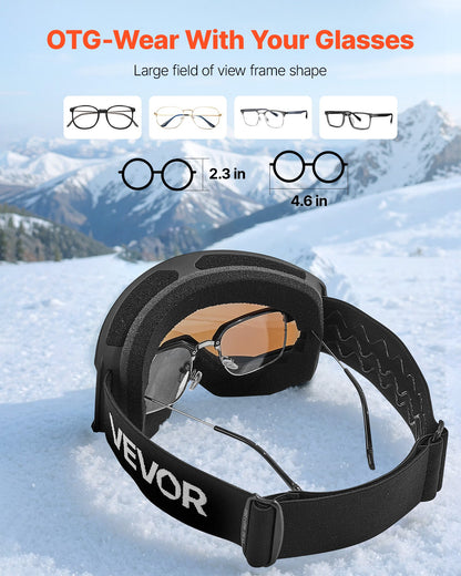 Ski Goggles, Cylindrical Lens with Ice Blue Revo Coating, OTG Anti fog Snow Goggles for Men Women Youth, TPU Frame & Ventilation Structure, Suitable for Skiing, Skating, Snowboarding, Cycling