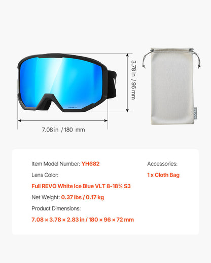 Ski Goggles, Cylindrical Lens with Ice Blue Revo Coating, OTG Anti fog Snow Goggles for Men Women Youth, TPU Frame & Ventilation Structure, Suitable for Skiing, Skating, Snowboarding, Cycling