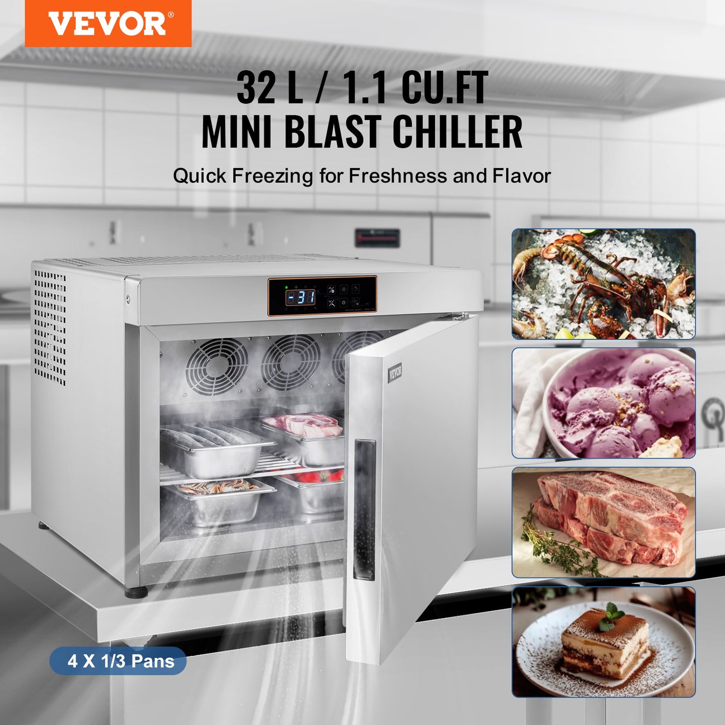 VEVOR 32L Commercial Blast Freezer 4 Trays Blast Chiller Chest Seafood Ice Cream