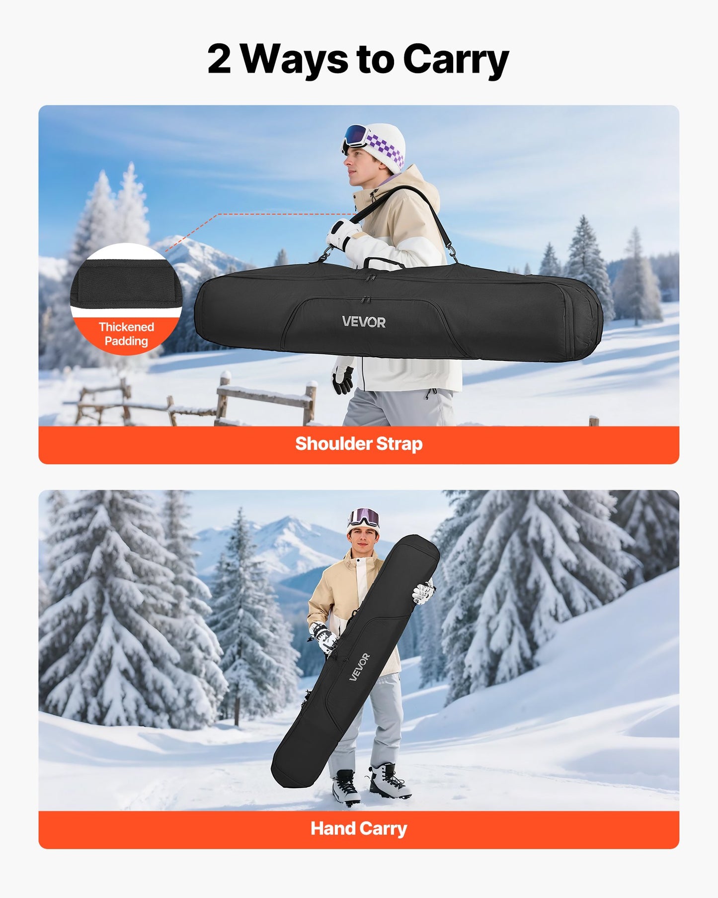 Snowboard Bag, Up to 65 in/165 cm, Padded Skis & Snowboards Bag for Air Travel, 600D Waterproof Oxford Fabric, with Adjustable Inner Straps, for Skis Poles Goggles Gloves Helmet Boots (Black)