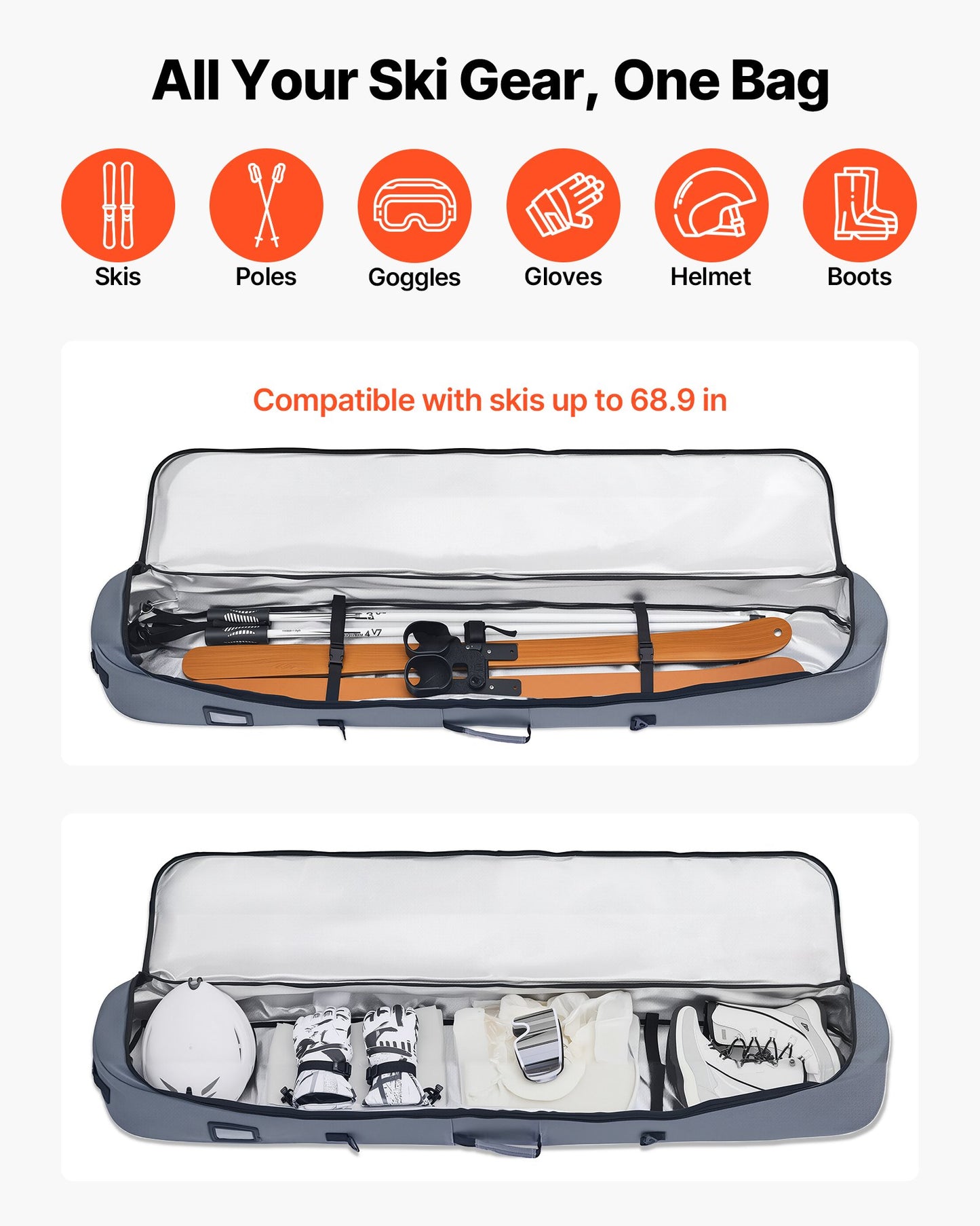 Snowboard Bag, Up to 65 in/165 cm, Padded Skis & Snowboards Bag for Air Travel, 600D Waterproof Oxford Fabric, with Adjustable Inner Straps, for Skis Poles Goggles Gloves Helmet Boots (Gray)