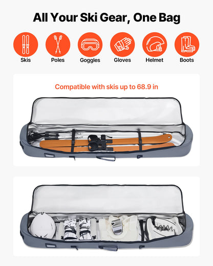 Snowboard Bag, Up to 65 in/165 cm, Padded Skis & Snowboards Bag for Air Travel, 600D Waterproof Oxford Fabric, with Adjustable Inner Straps, for Skis Poles Goggles Gloves Helmet Boots (Gray)