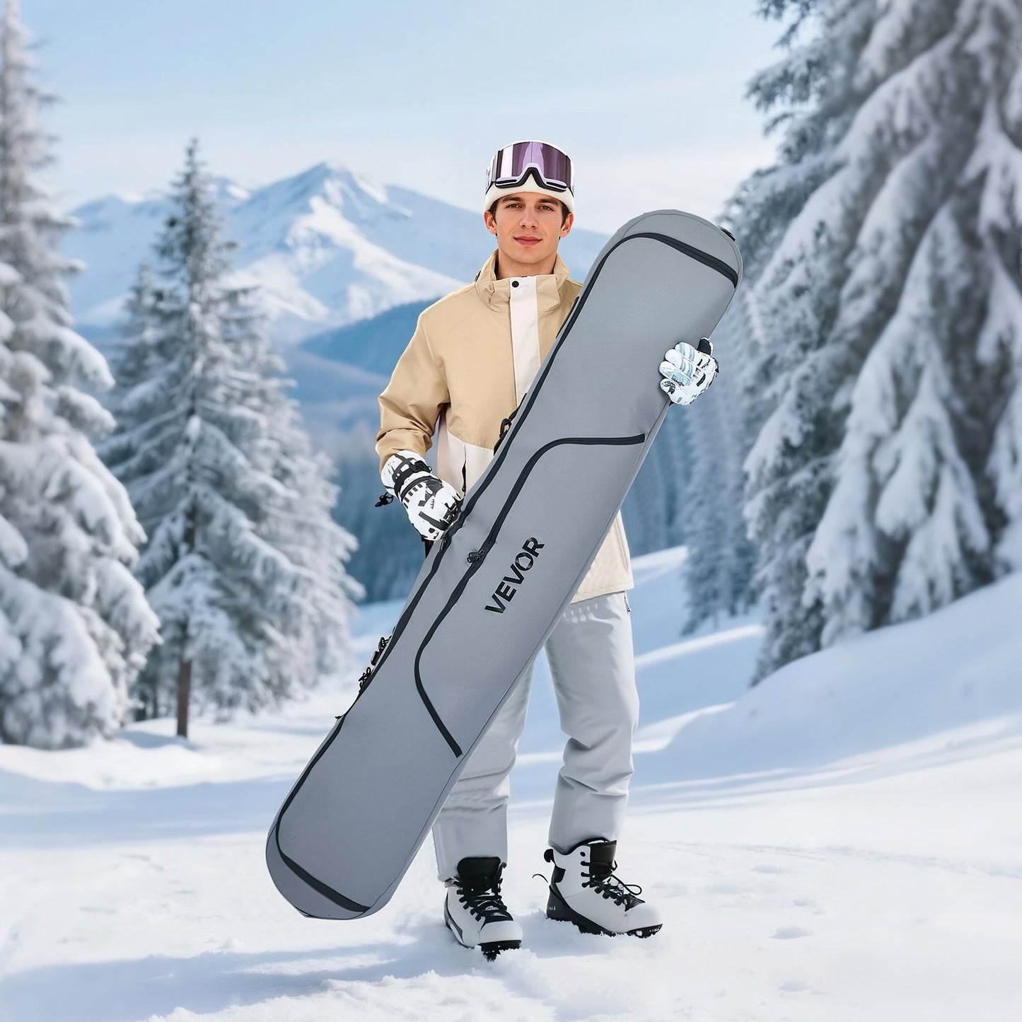 Snowboard Bag, Up to 65 in/165 cm, Padded Skis & Snowboards Bag for Air Travel, 600D Waterproof Oxford Fabric, with Adjustable Inner Straps, for Skis Poles Goggles Gloves Helmet Boots (Gray)