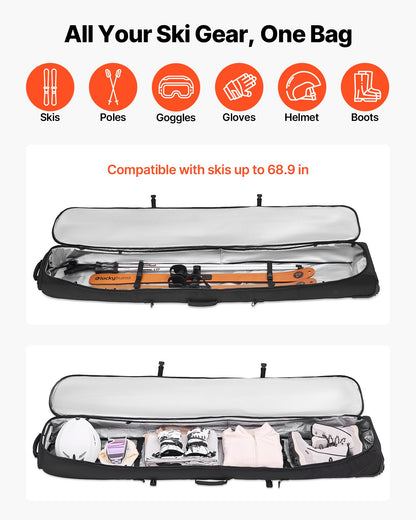 Ski Roller Bag, Up to 74.8 in/190 cm, Padded Snowboard Bag with Wheels for Air Travel, 600D Waterproof Oxford Fabric, with Adjustable Straps, for Skis Poles Goggles Gloves Helmet Boots (Black)