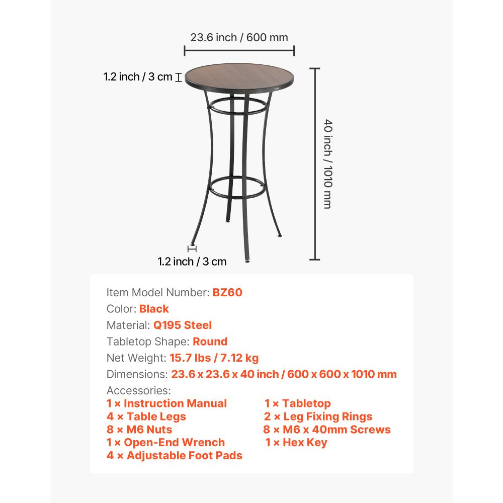 Outdoor Round Bar Table, 60 cm Counter Bar Height Bistro Table, Patio Dining Tables with Easy-to-Clean Top & Sturdy Metal Frame, Indoor High Top Pub Tables for Small Places, Kitchen