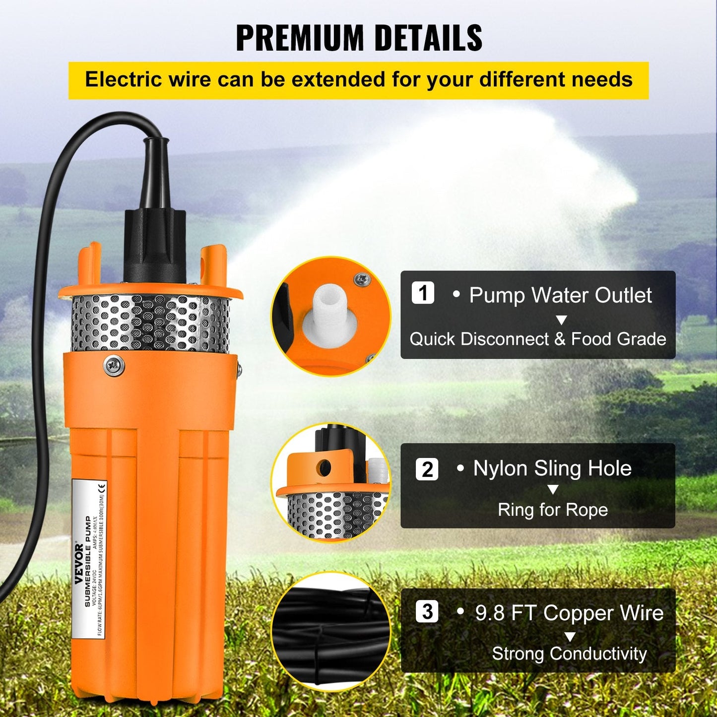 24V DC Solar Submersible Pump for Deep Water Wells, 70m Max Head, 6L/min Flow