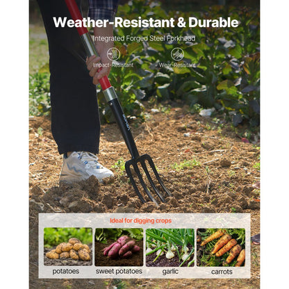 VEVOR 4 Tines Garden Fork Fiberglass Handle 45 in Spading Pitchfork Heavy Duty