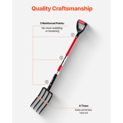 VEVOR 4 Tines Garden Fork Fiberglass Handle 45 in Spading Pitchfork Heavy Duty