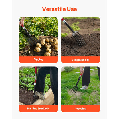 VEVOR 4 Tines Garden Fork Fiberglass Handle 45 in Spading Pitchfork Heavy Duty