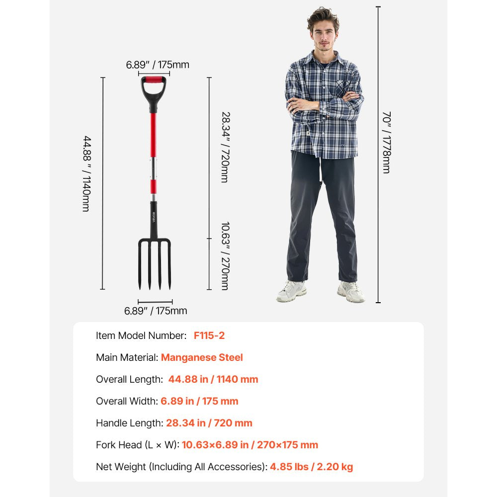 VEVOR 4 Tines Garden Fork Fiberglass Handle 45 in Spading Pitchfork Heavy Duty