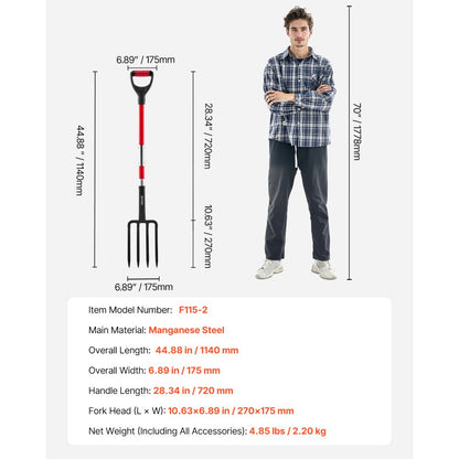 VEVOR 4 Tines Garden Fork Fiberglass Handle 45 in Spading Pitchfork Heavy Duty