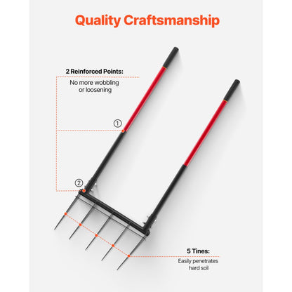 VEVOR 5 Tines Broad Fork Garden Tool U-Shaped Pitch Fork for Gardening Spading