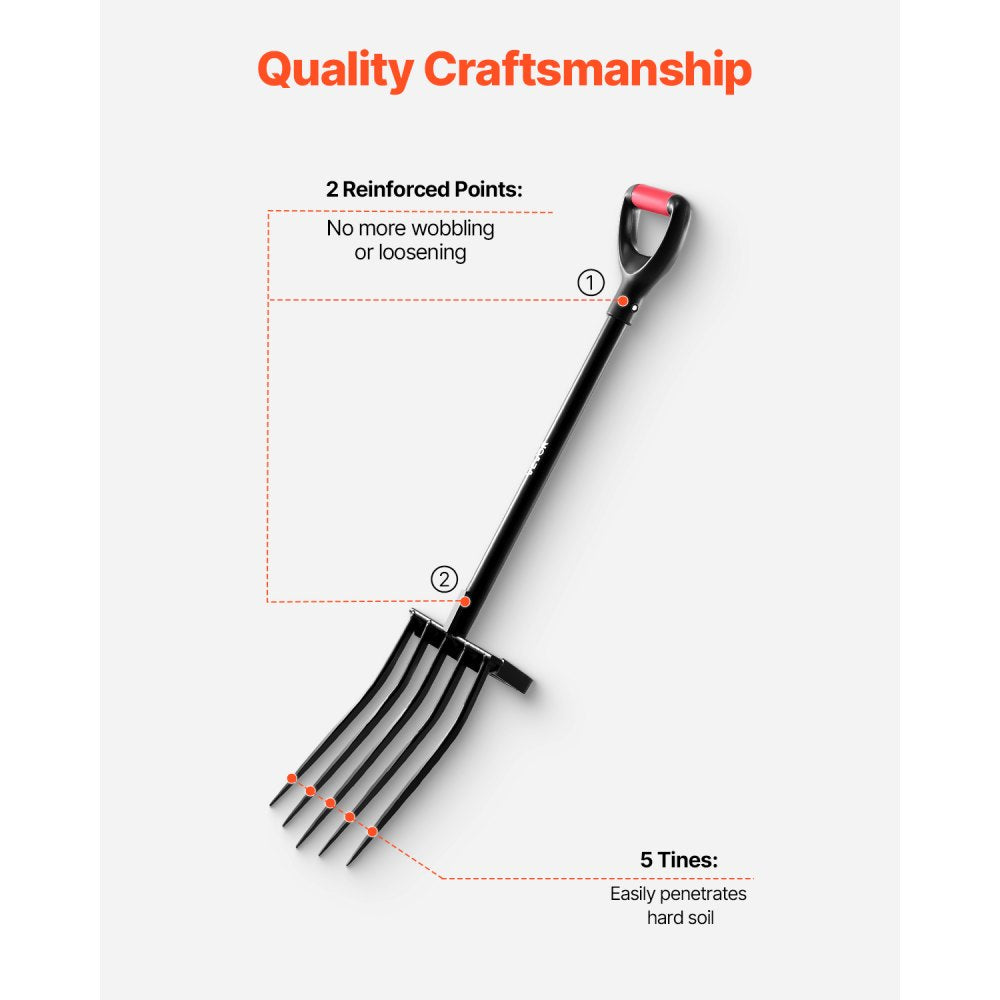 VEVOR 5 Tines Garden Fork Metal Handle 41 in Spading Pitchfork Y Grip Heavy Duty